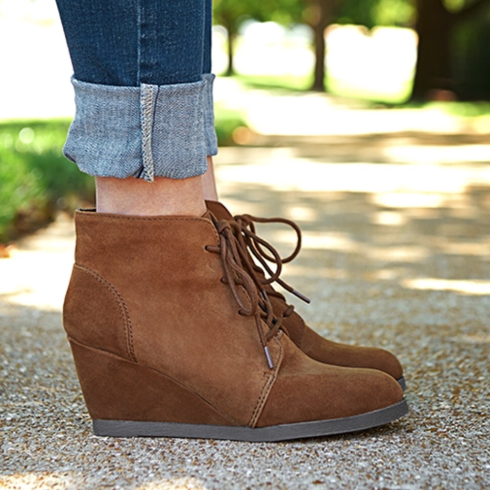 Madden Girl Suede Lace-Up Wedge Booties Chestnut